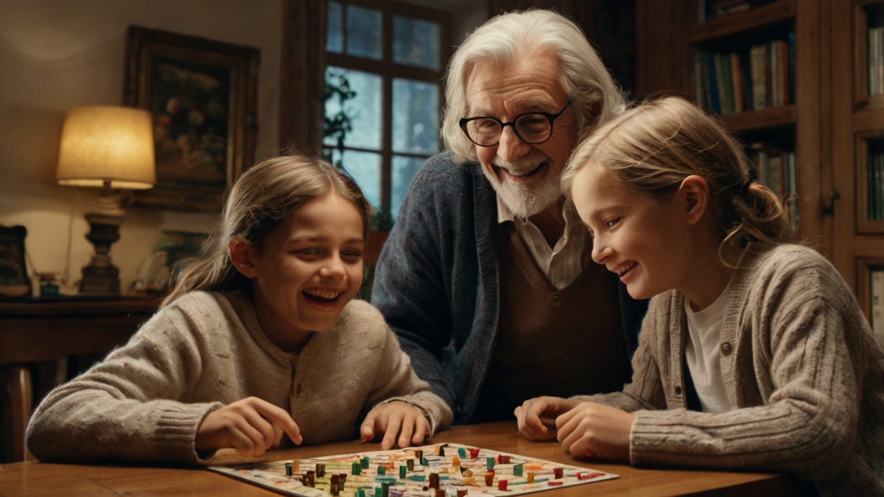 Opa spielt mit seinen Enkeln das Kinderspiel des Jahres