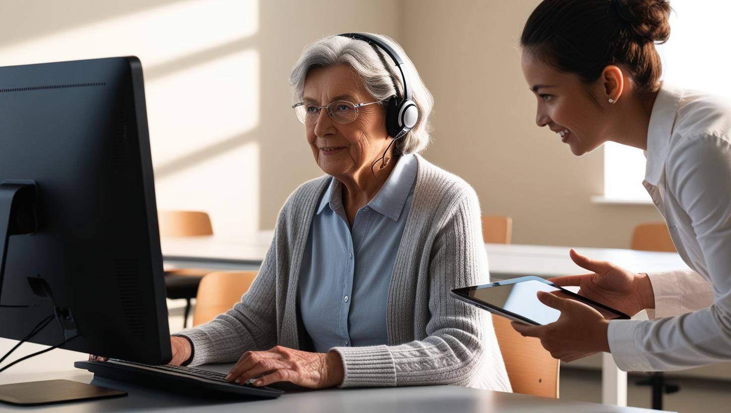 Seniorin im Sprachlabor